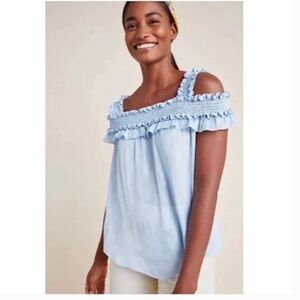 Anthropology NWOT Off Shoulder Open Shoulder Ruffle Camisole Top Light Blue SZ S